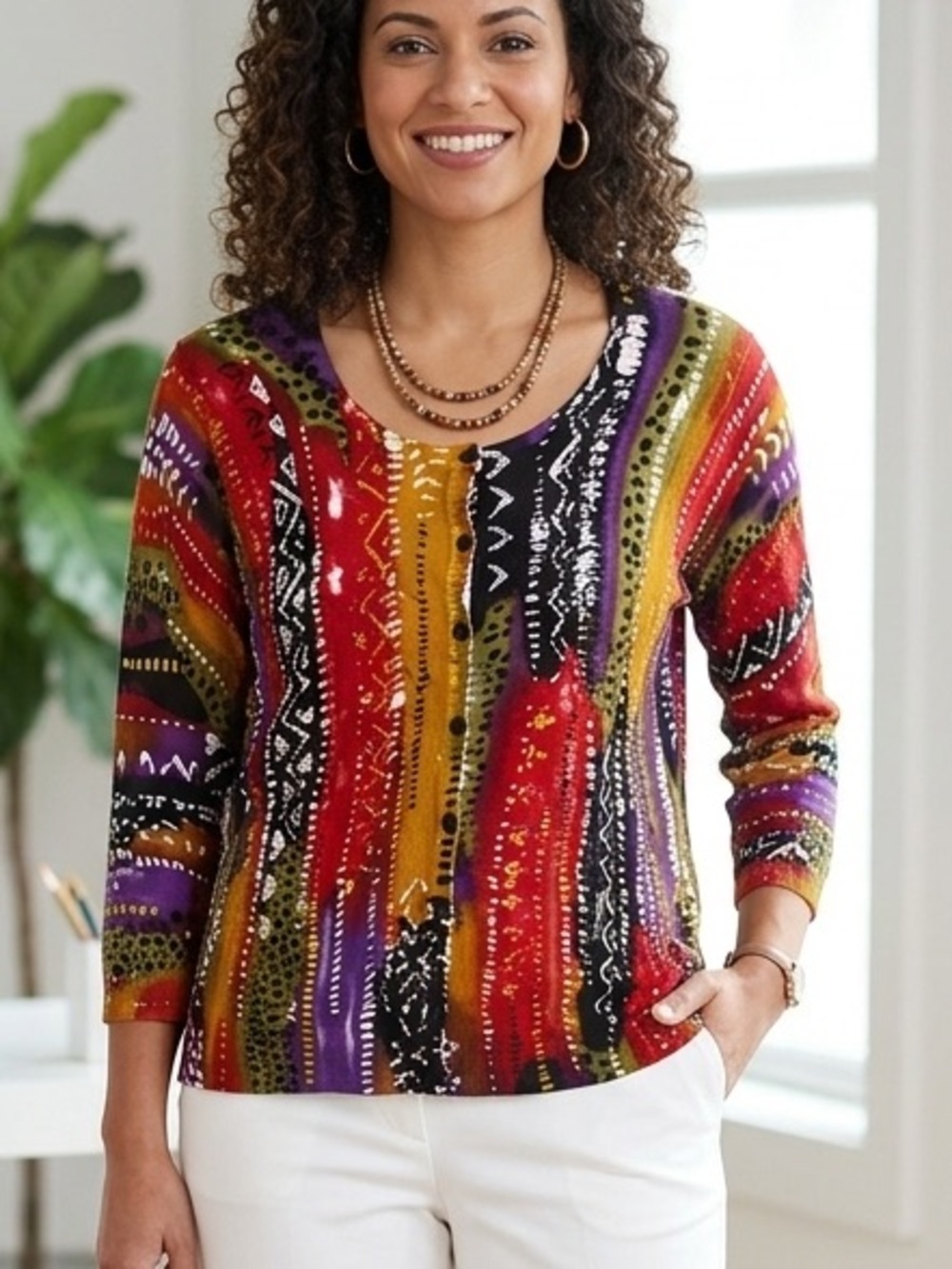Joseph A Abstract Tribal Ikat Inspired Silk-Feel Cardigan Rayon Blend Size Large